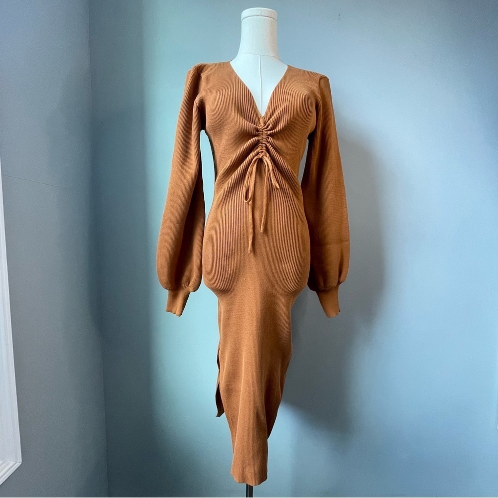 PRETTYGARDEN Long Sleeve Knit Bodycon Dress In Camel | Cinched, Split Thigh (4)